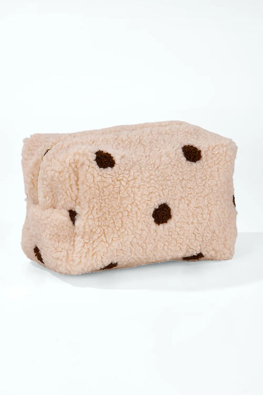 Honey Teddy Bag – Beige Plüsch-Kosmetiktasche mit braunen Punkten