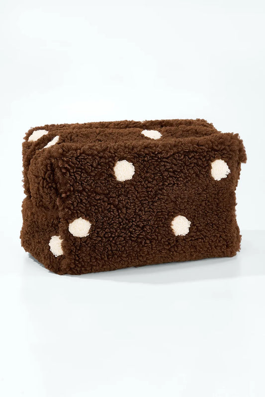Teddy Dot Bag – Braune Plüsch-Kosmetiktasche mit beigen Punkten