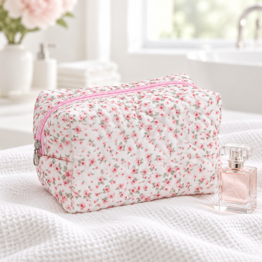 Blossom Dream Bag – wattierte Kosmetiktasche mit rosa Blumenmuster