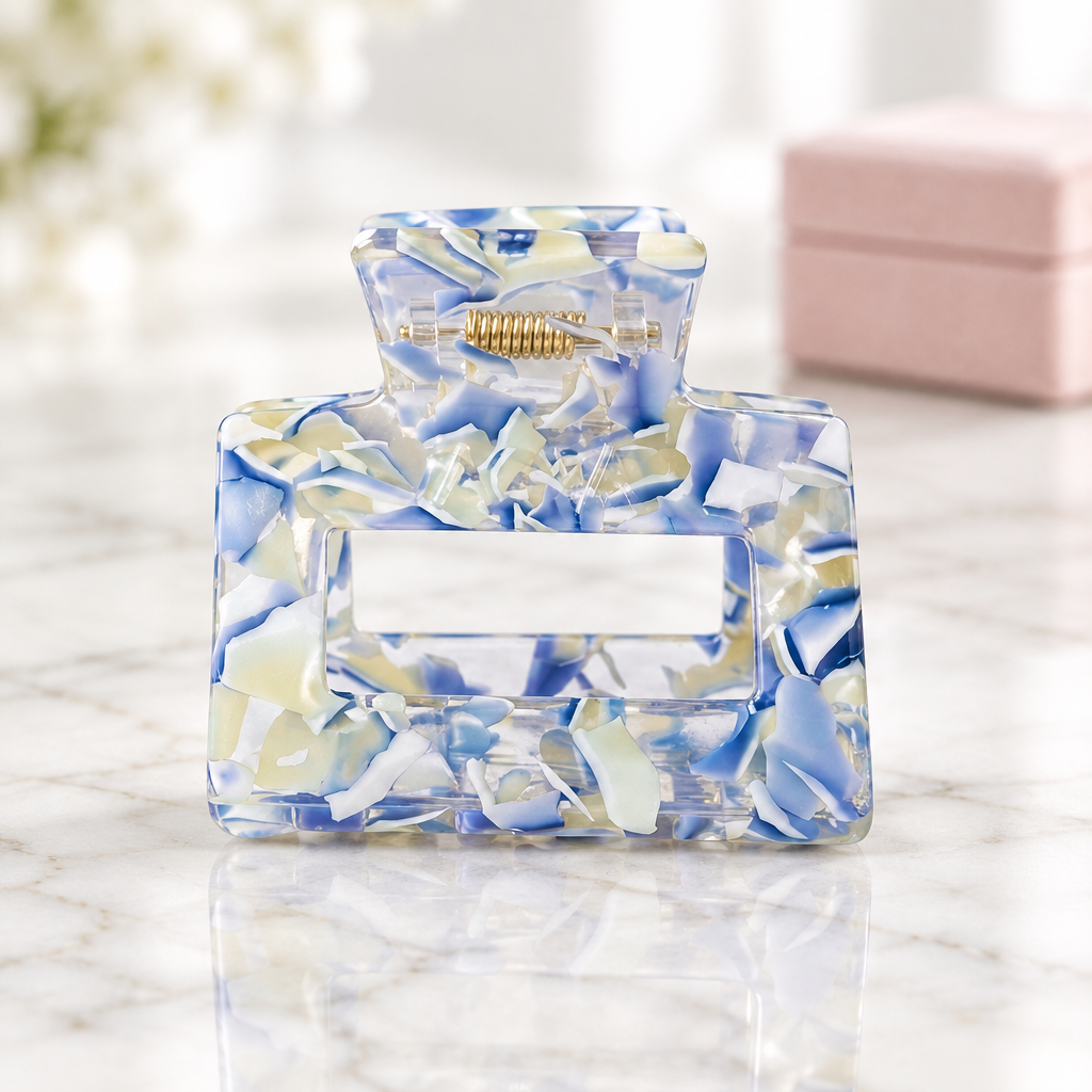 Tiffany Dream Haarklammer mit blau-cremefarbenem Muster und rechteckiger Öffnung