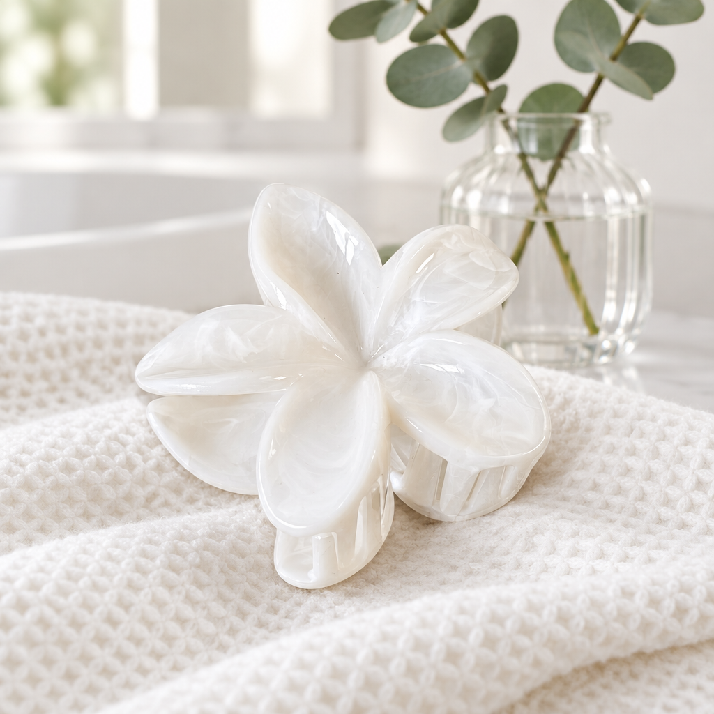 White Blossom Marble – weiße Blumen-Haarklammer mit Marmoroptik