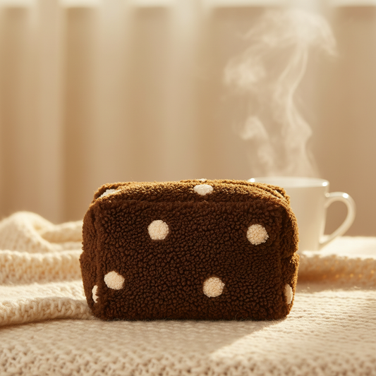 Teddy Dot Bag auf Chunky Knit Decke mit Keramiktasse im Hintergrund
