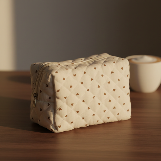 Latte Love Bag auf Walnussholz mit Kaffeetasse im Hintergrund
