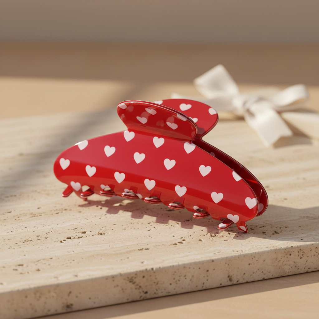 Cupid's Heart Clip auf Travertin mit weißer Satinschleife im Hintergrund