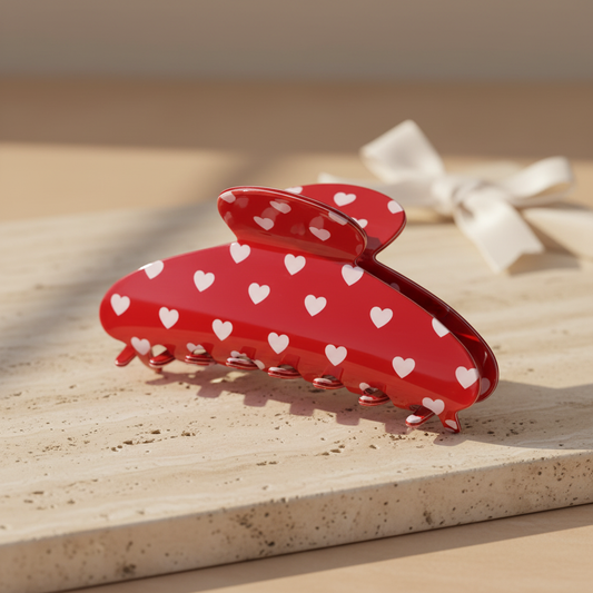 Cupid's Heart Clip auf Travertin mit weißer Satinschleife im Hintergrund