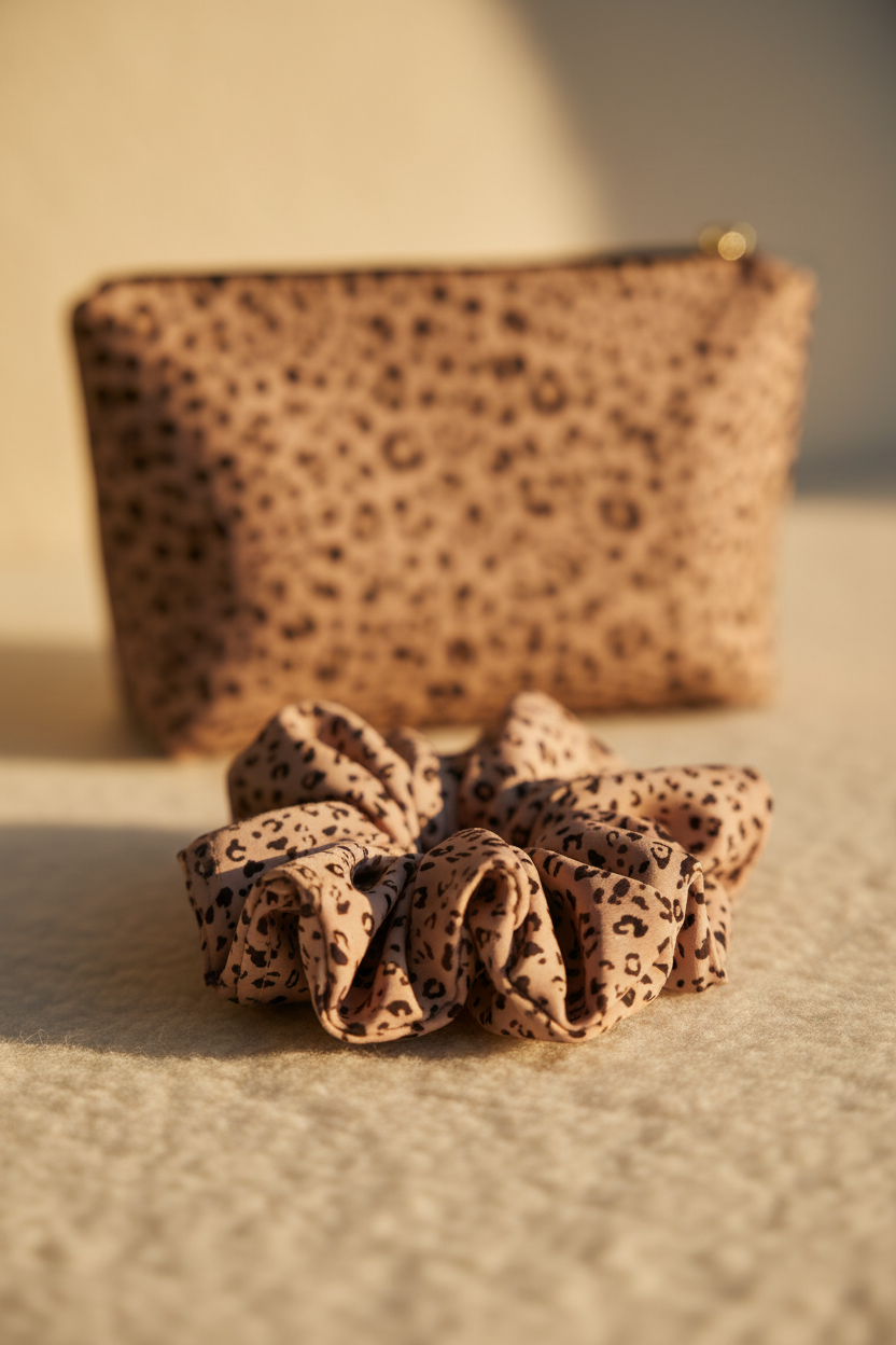 Camel Safari Scrunchie auf cremefarbener Wolloberfläche mit Leoparden-Kosmetiktasche im Hintergrund