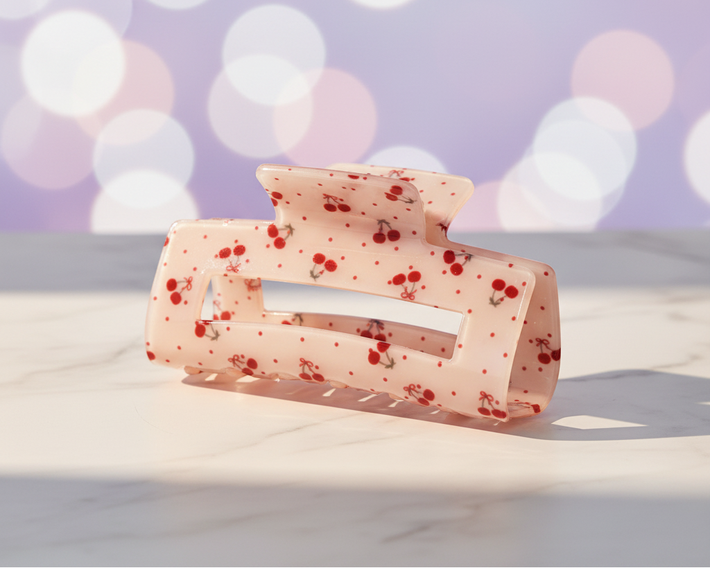 Coquette Cherry Clip auf Marmor mit pastell-lila Lichtschimmer