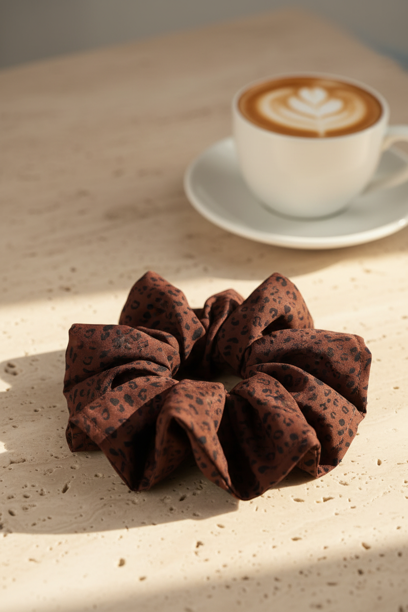 Cocoa Safari Scrunchie auf Travertin-Oberfläche mit weißer Kaffeetasse im Hintergrund