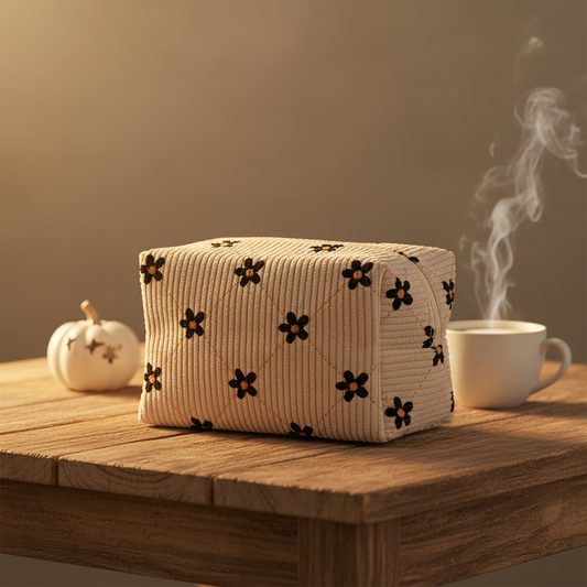 Autumn Blossom Bag auf Holztisch mit Keramikkürbis und Chai Latte im Hintergrund