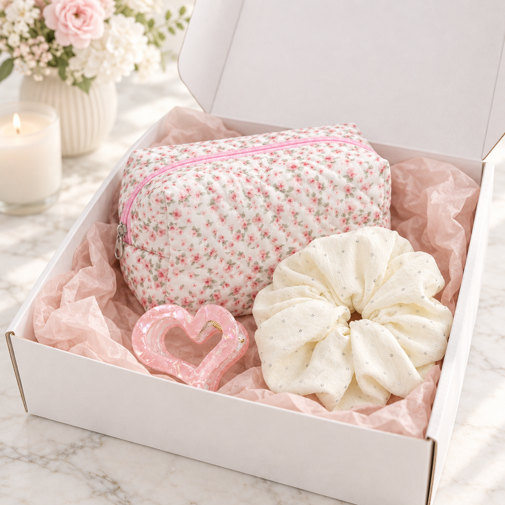 Kosmetiktasche, rosa Herz-Haarklammer und weißes XXL-Scrunchie in einem weißen Versandkarton mit rosa Seidenpapier