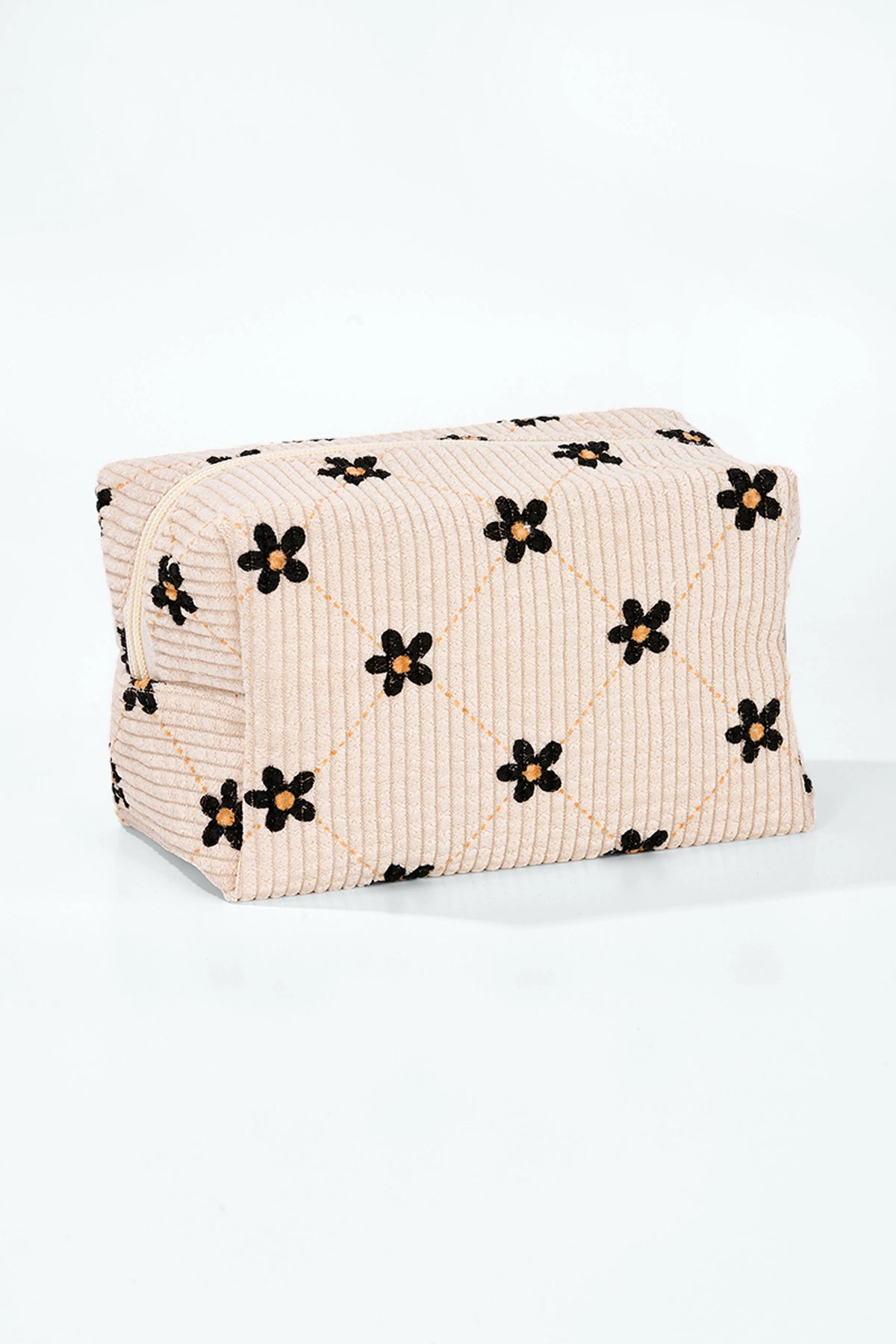 Autumn Blossom Bag – Beige Cord-Kosmetiktasche mit schwarzen Blumen