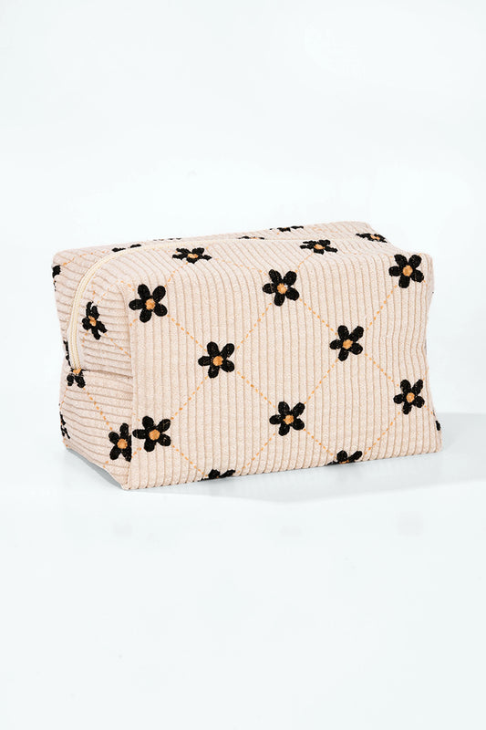 Autumn Blossom Bag – Beige Cord-Kosmetiktasche mit schwarzen Blumen